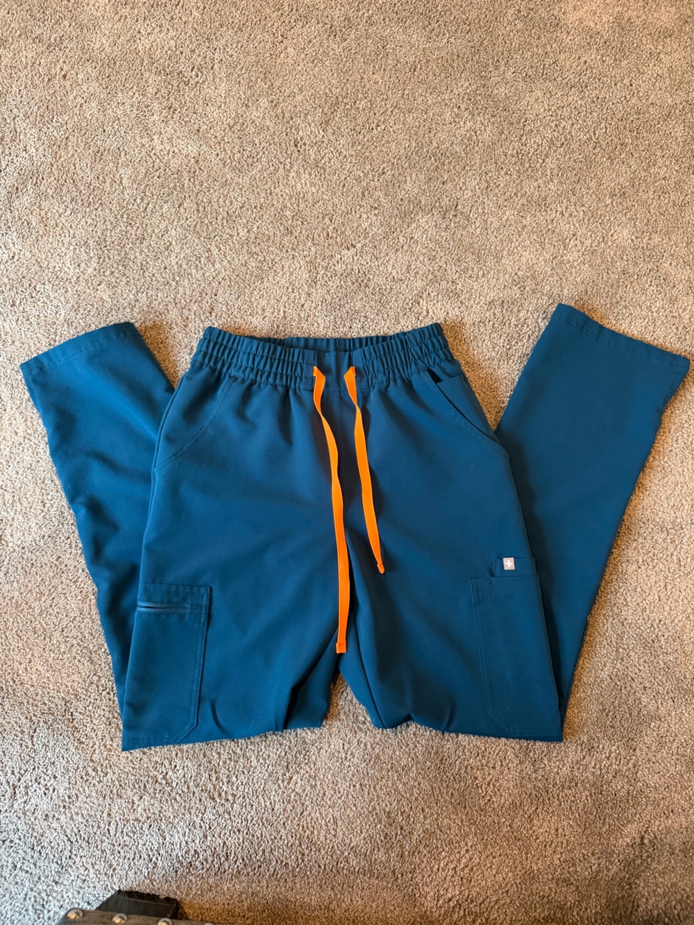 Figs Teal high rise yola Cargo Scrub Joggers with Orange Drawstring